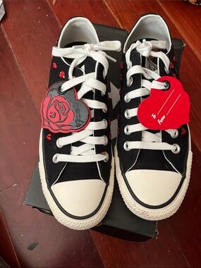 Converse womens Black Canvas Sneakers with Red Heart and Rose Accents